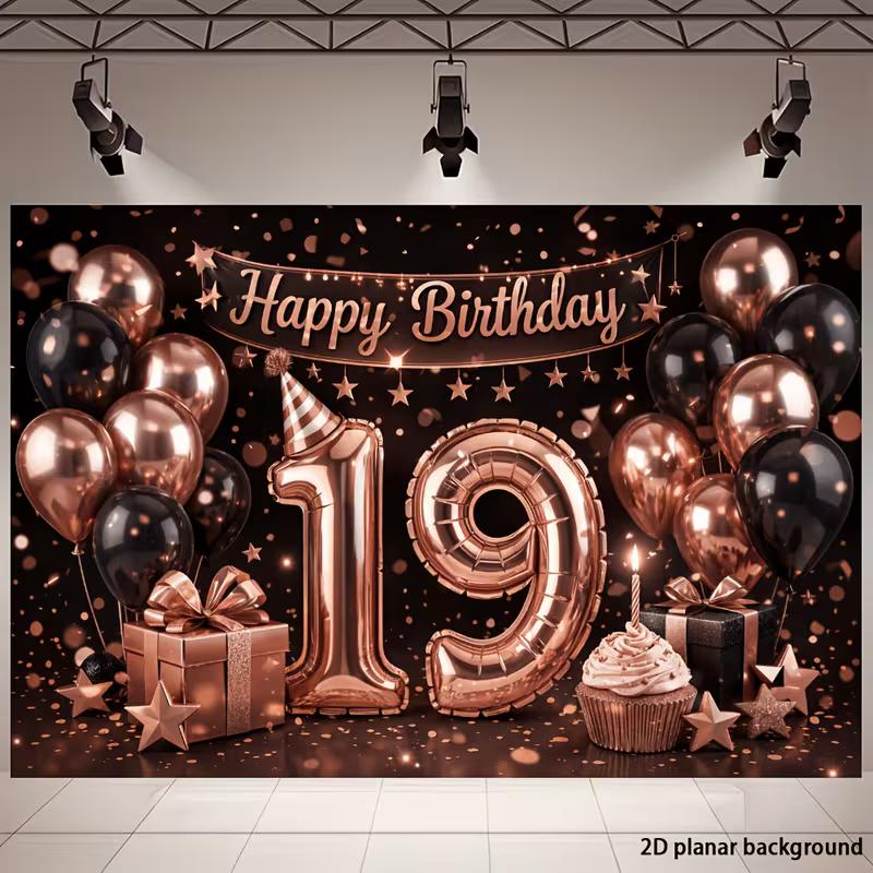 2D Black Rose Gold 19th Birthday Backdrop Shiny Glitter Number 19 Photography Banner
