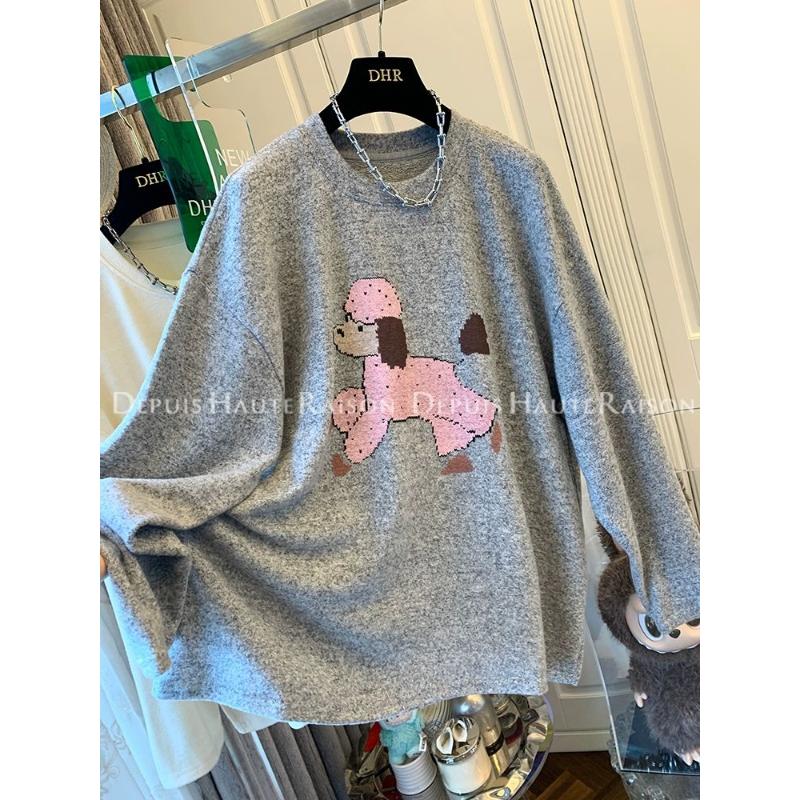 

Свободные женские топы 2025 Зима Новый стиль Сплайсинг Принт Мода Универсальный Повседневный Футболка с длинным рукавом Базовая рубашка L серый