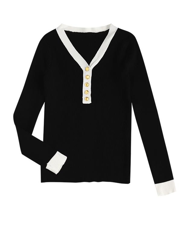 

ZAFUL Ribbed Button Placket Bicolor Sweater