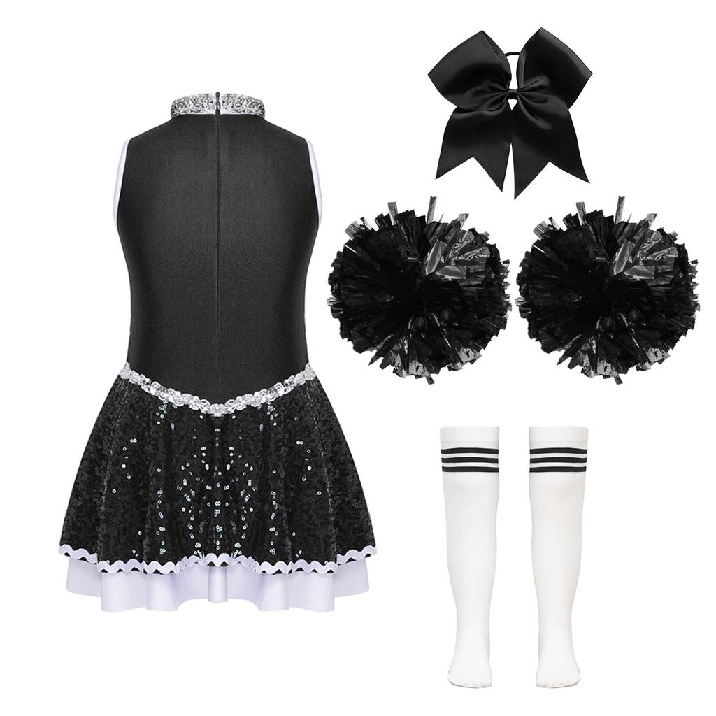 Girls Shiny Sequins Invisible Zipper Back Dress Cheerleading Set Bowknot Headwear Hand Flowers Striped Socks