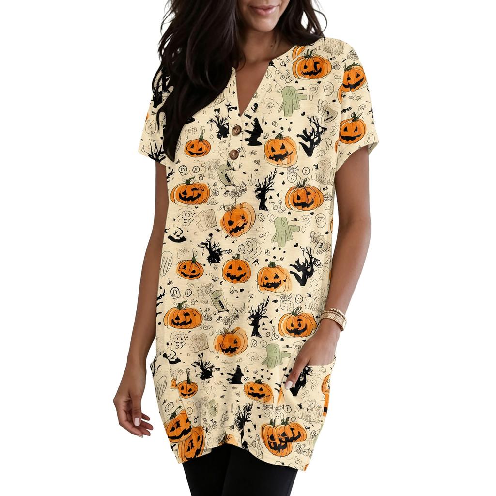 Women V Neck Pullover Top with Halloween Themed Print Short Sleeve Tunic Shirt Casual Loose Fit with Pocket Design