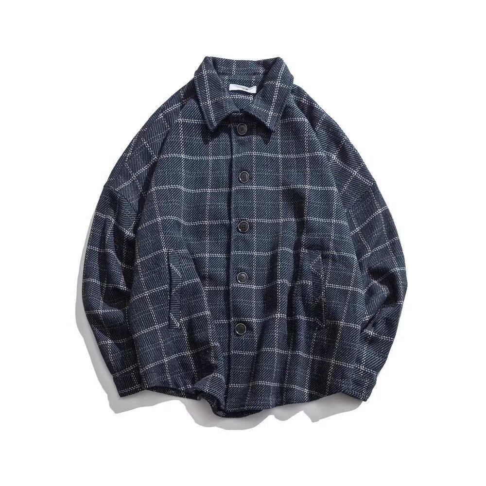 Men's Winter Retro Plaid Wool Jacket - Korean Style Trendy Loose Lapel Shirt Jacket