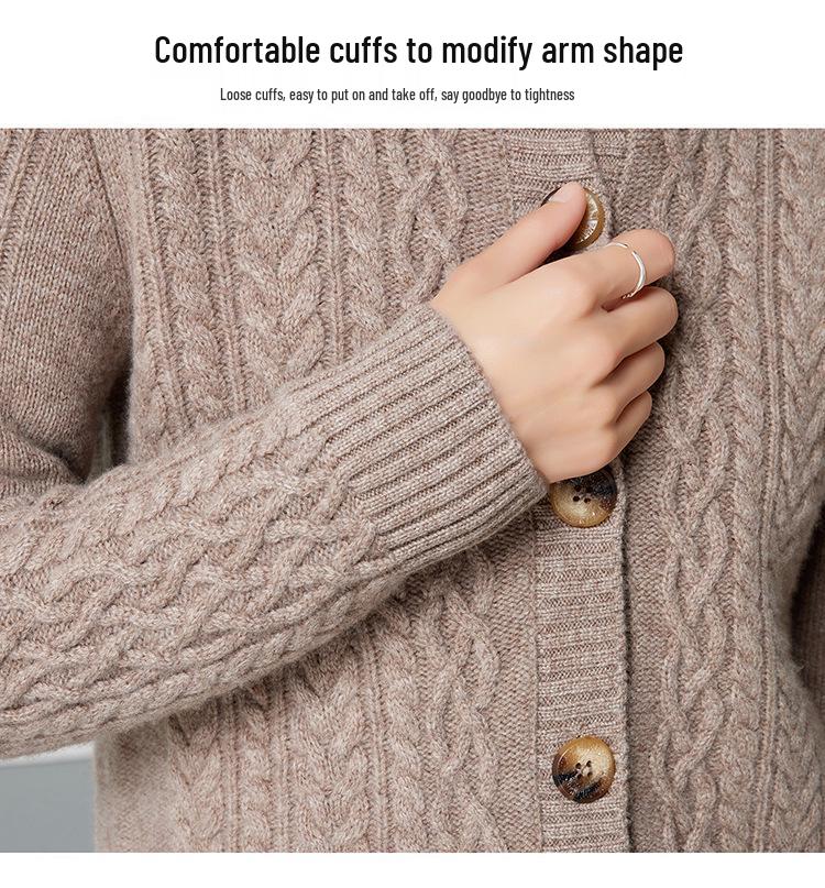 2025 Women's Pure Wool Cable Knit Cardigan - Autumn/Winter Korean Style, Round Neck, Solid Color
