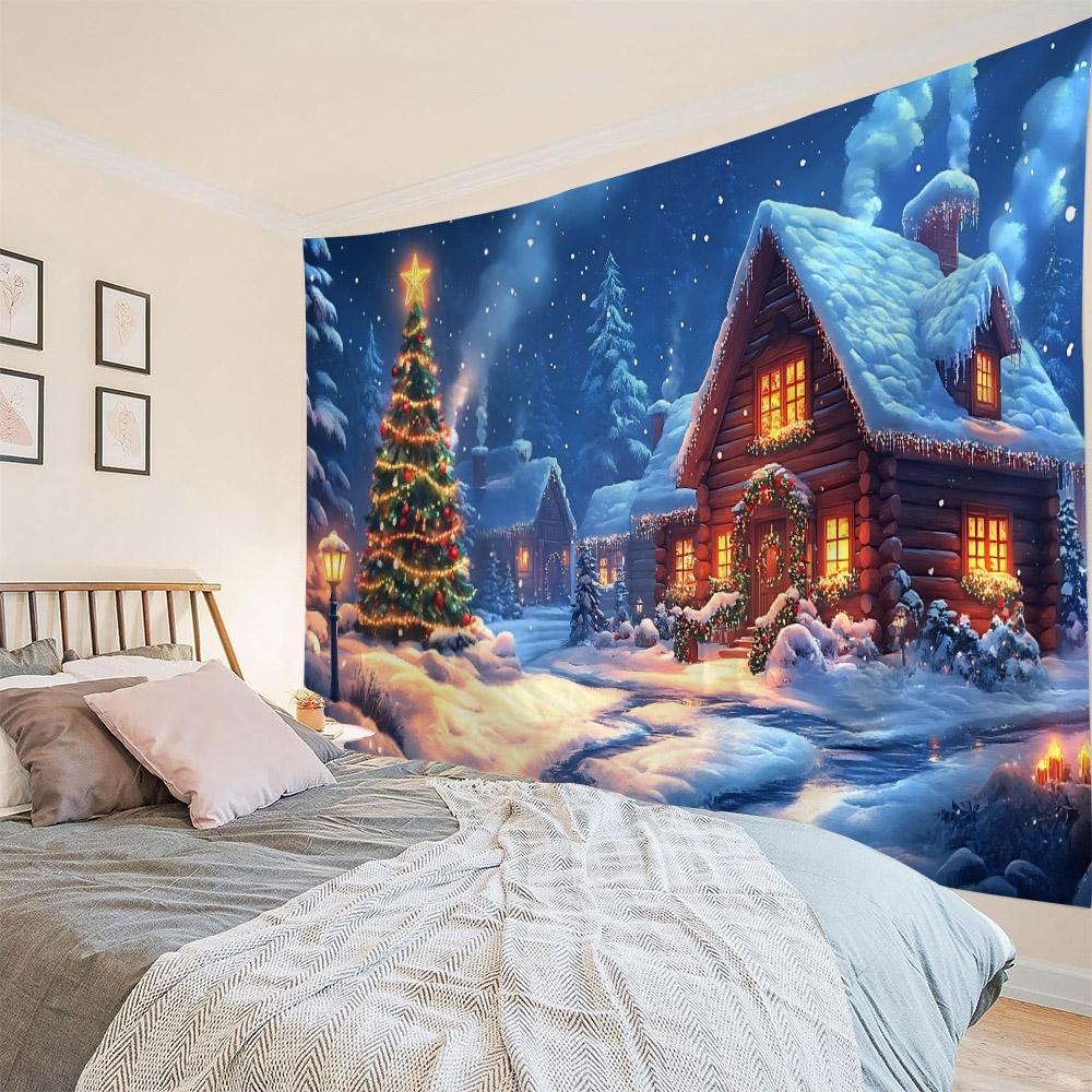 Christmas Decorative Tapestry Santa Claus Snowy View Christmas Tree Holiday Gift Home Wall Hanging Cloth Bedroom Sheet