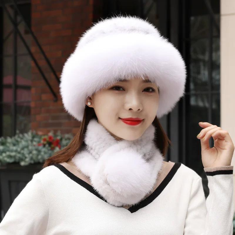 

Fur Hat Scarf Set Women s Winter Warm Real Hair Winter Bucket Hat Winter Fashion Mink Two-piece Set 58-60cm білий