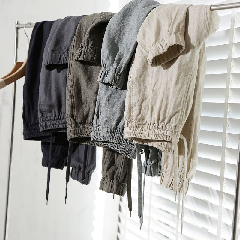 100! Natural Pure Linen! Export Original Tail Single Cut Label Goods Spring and Summer Men Loose Drawstring Casual Pants Linen Pant