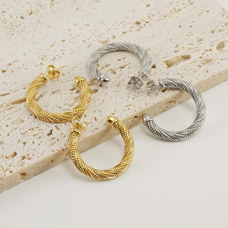 18K Gold-Toned Titanium Steel Round Hoop Earrings - Women's European & American Geometric Design