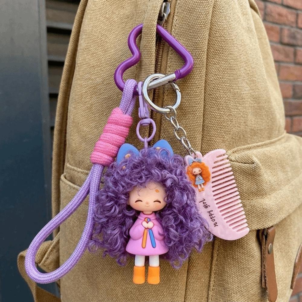 Soft Rubber Curly Hair Doll Keychain Colorful Bag Pendant Sweet Halyard Heart Keyring Kids Gift