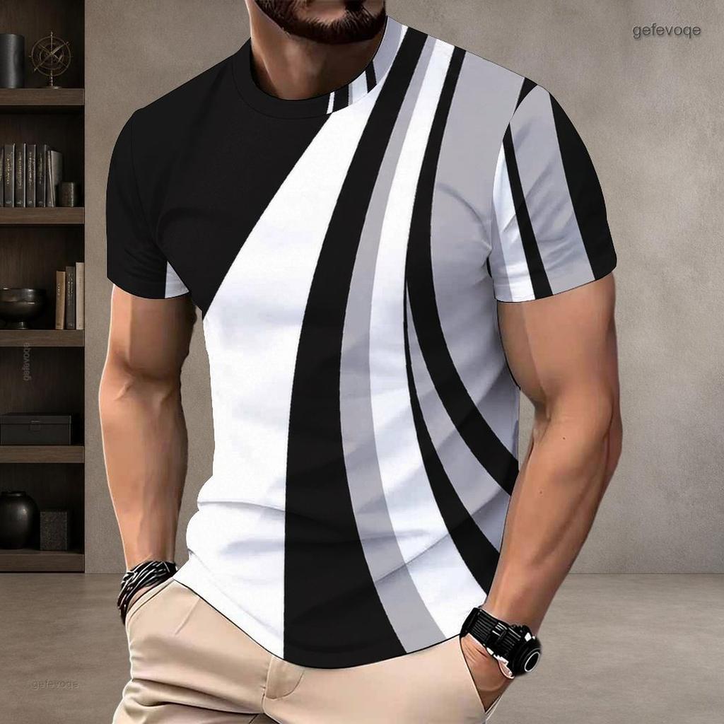Mens Plus Size T Shirt Round Neck Short Sleeve Abstract Geometric Printed Black White Gray Pullover Straight Hem