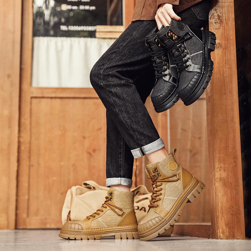 Fashion Fashion Motocross Ankle Boots for Men Winter Boots Lace-Up Botas Men's Leather High Top Outdoor Shoes Men's Plush Snow Boots