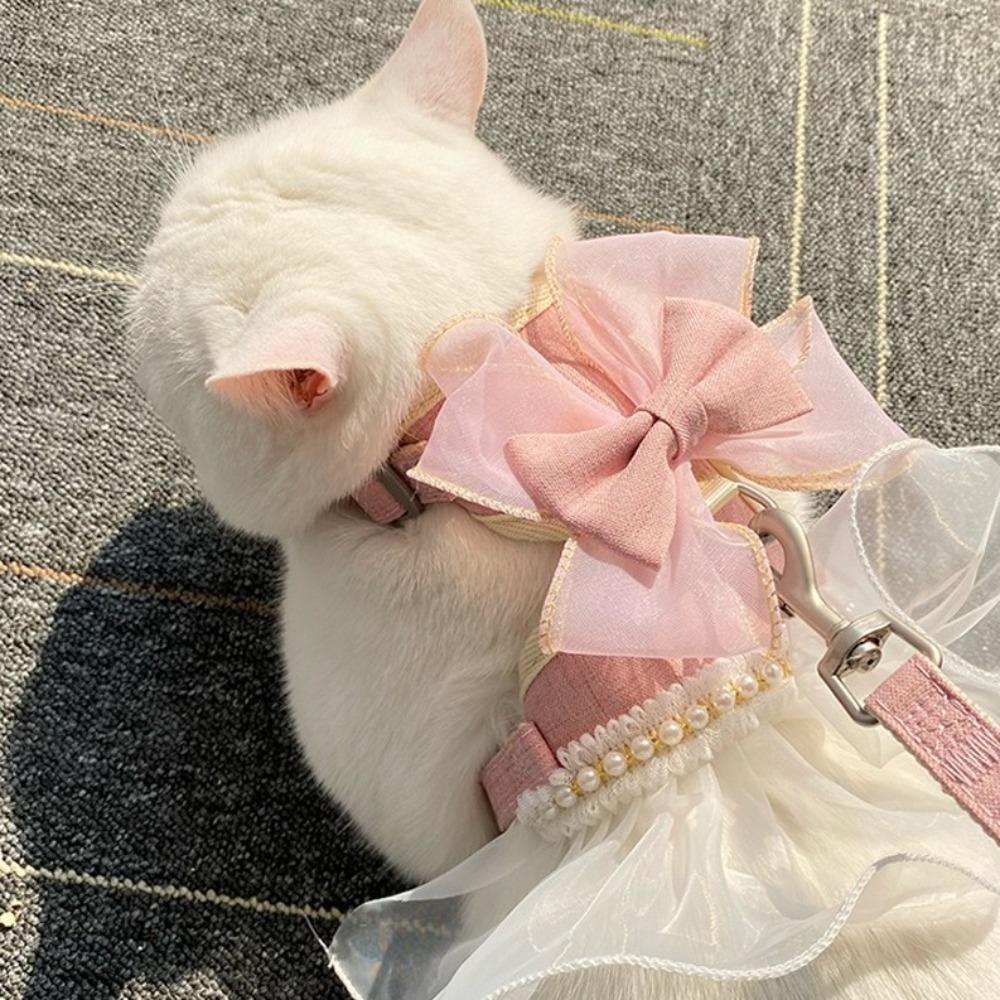 Pet Accessories Princess Style Cat Harness Leash Adjustable Nylon Cat Vest with Bowknot Breathable Dog Traction Rope Party