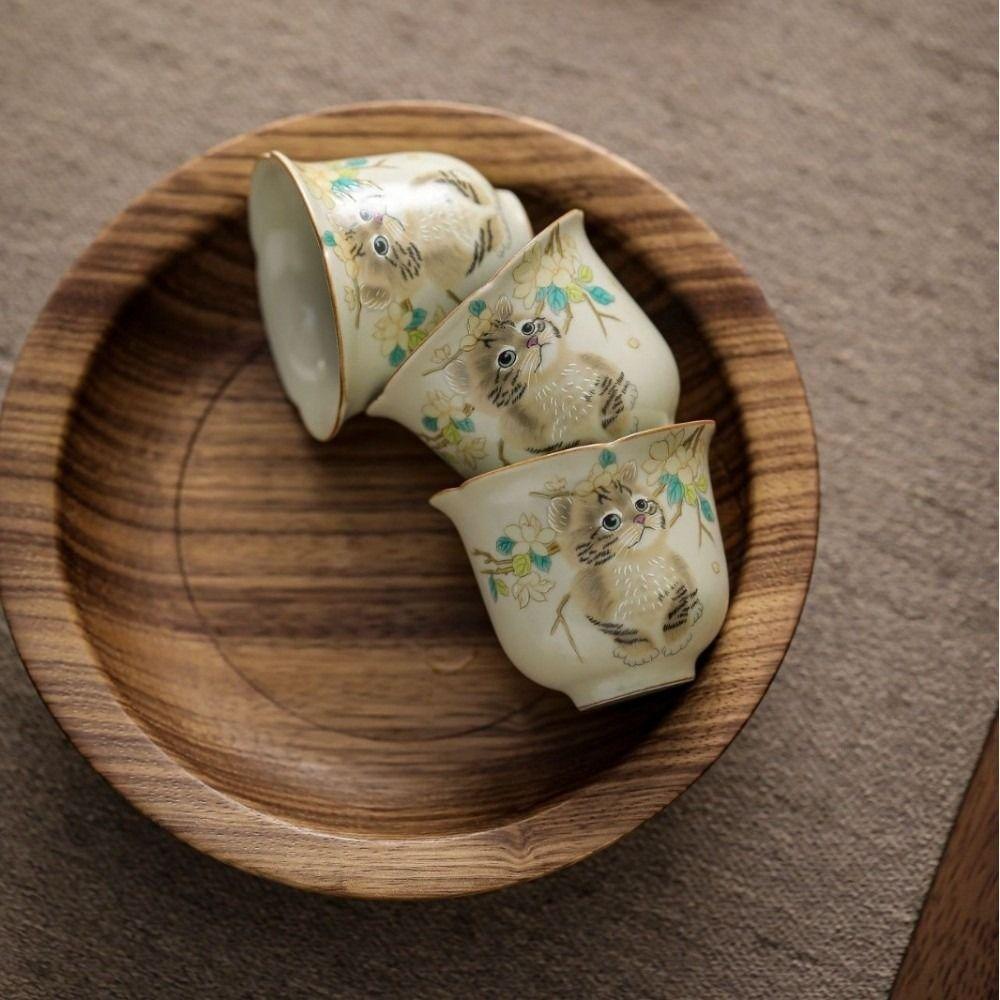Ceramic Ru Kiln Gaiwan Chinese Style Hand Grasping Tea Maker Cute Cat Tea Tureen  Tea Ceremony