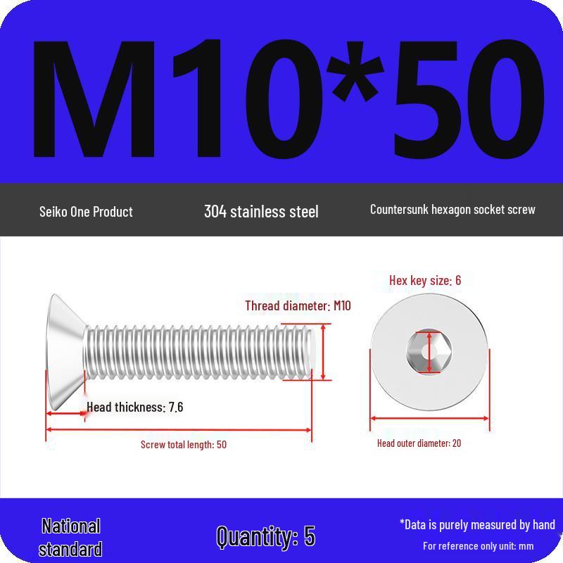 M2-M10 Stainless Steel Flat Head Machine Screws and Bolts Set, Countersunk Hex Socket Cap, 304 Grade.