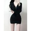 Slim and thin waist sexy little black dress spring black pure desire polo collar hip wrap dress