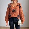 Womens V-Neck Knit Sweater With Bow Detail Lantern Sleeve Chunky Ribbed Soft Fleece-Like Fabric Fall Winter Casual Top