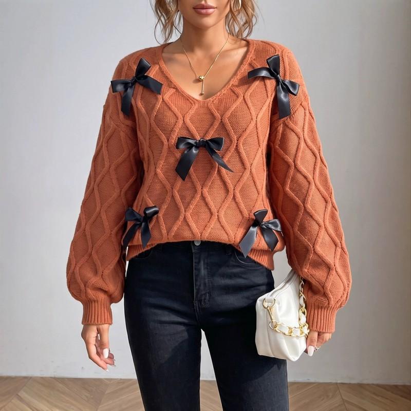 Womens V-Neck Knit Sweater With Bow Detail Lantern Sleeve Chunky Ribbed Soft Fleece-Like Fabric Fall Winter Casual Top