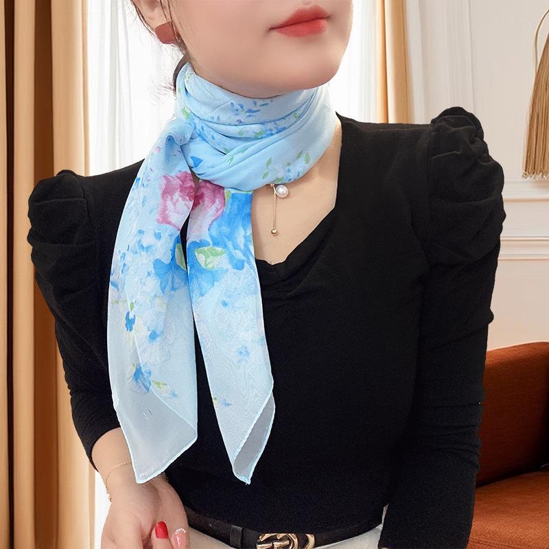 Large 95cm Square Korean Silk Chiffon Scarf for Women - Printed Neck or Head Scarf