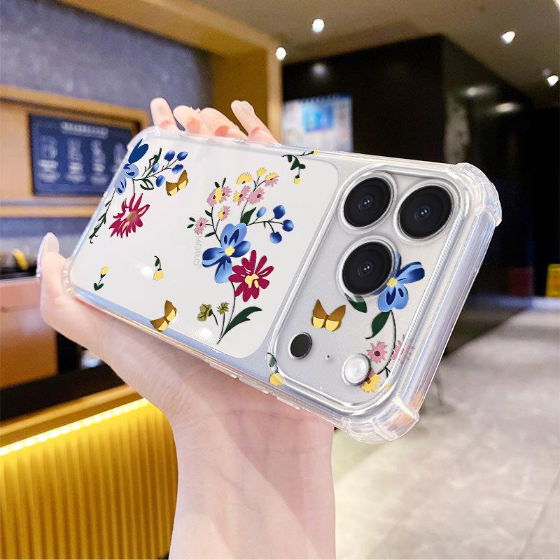 Retro Color Flower Apple 17promax Mobile Phone Case All-inclusive Four Corners Anti-drop Transparent Case iPhone15 Soft Case