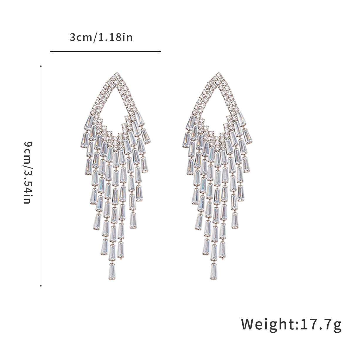 Zircon Rhombus Fringed Earrings European and American Exaggerated Fashion Versatile Earrings Light Luxury High-end Earrings Women