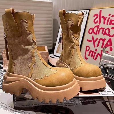 Leather Thick-soled Heightened Medium Tube Martin Boots Children's Breathable Autumn and Winter New Locomotive Rhubarb Boots
