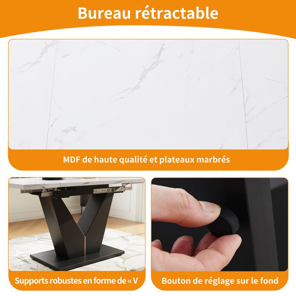 Uitschuifbare Eettafel (99-159×75cm), Uitschuifbaar, Ruimtebesparend, Flexibel Ontwerp, Geschikt voor Thuiswerkplek & Woonkamer, Wit Tafelblad met V-vormig