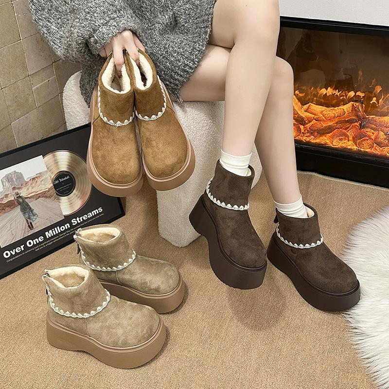 Women's fashion lightweight height-enhancing thick sole winter warm fur one snow boots plush lined non-slip casual sports cotton boots