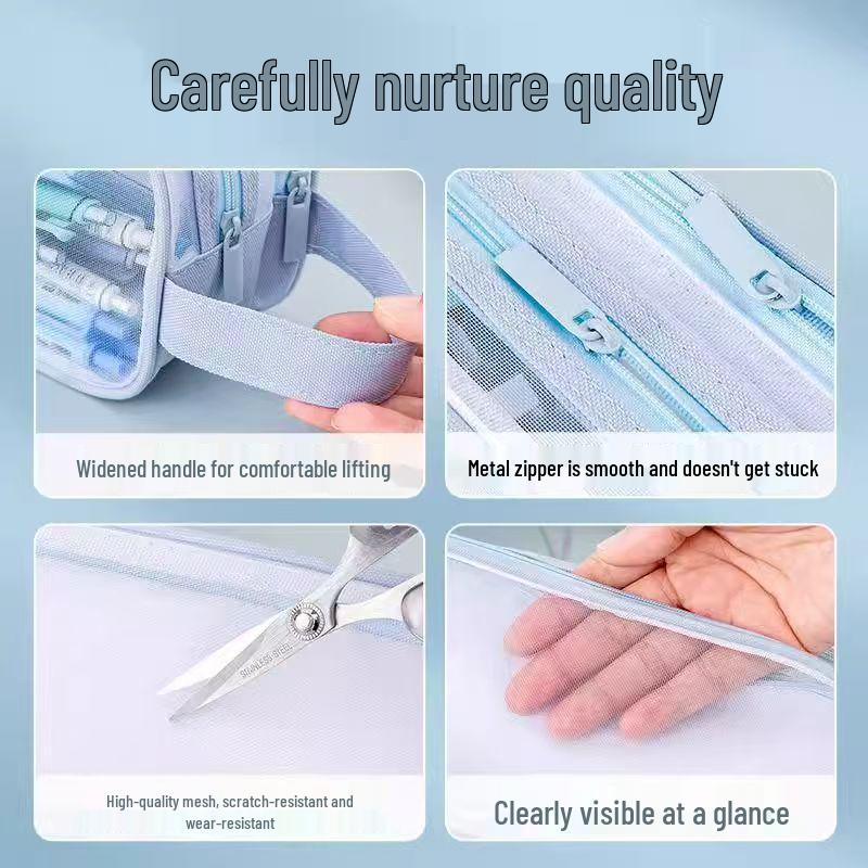 High-Capacity Double Layer Mesh Pencil Case - Transparent, Universal, Portable Storage Bag for Students