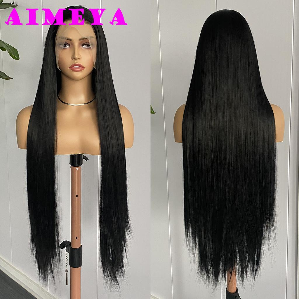 AIMEYA 32Inches Long Silky Straight Wig Black Lace Front Wig for Women 13X4 Synthetic Hair Natural Hairline Daily Use Cosplay
