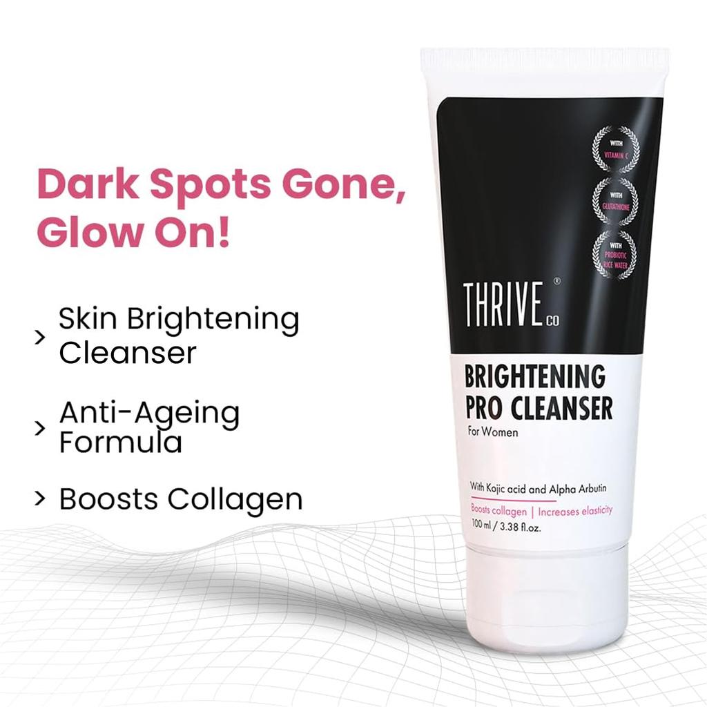 ThriveCo Brightening PRO Cleanser for Women with Probiotic Rice Water, Vit C, Kojic Acid, Alpha Arbutin & Glutathione | Anti-ageing Face Wash, Boos