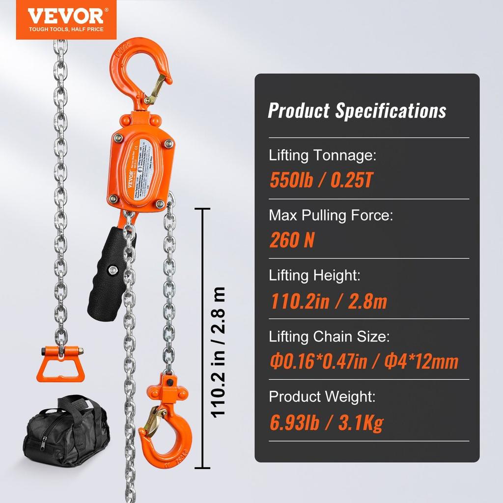 Manual Lever Chain Hoist, 1/4 Ton 550 Lbs Capacity 10 FT Come Along, G80 Galvanized Carbon Steel with Weston Double-Pawl Brake, Auto Chain Leading &