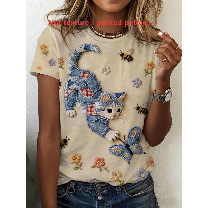 Funny Cat Pattern Women's T-Shirt Cute Animal 3D Print T-Shirts Summer Fashion Casual Street Tees Short Sleeves Round Neck Tops
