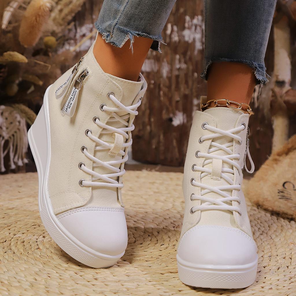 Wedge Side Zipper Increased High Breathable Sneakers 2025 New Women Lace-Up Platform Outdoor Wedge Invisible Heel Canvas Shoes