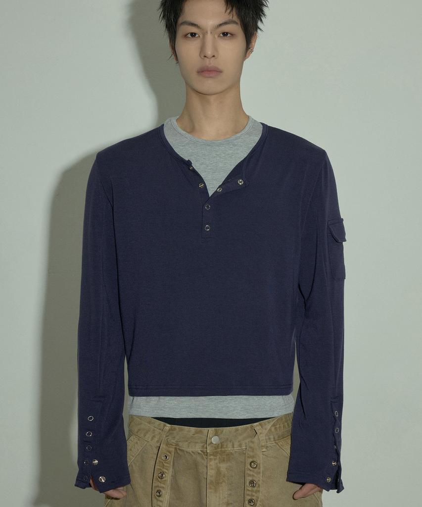 LANARCHIVE [0105] Layered Henley Neck Long Sleeve - Navy