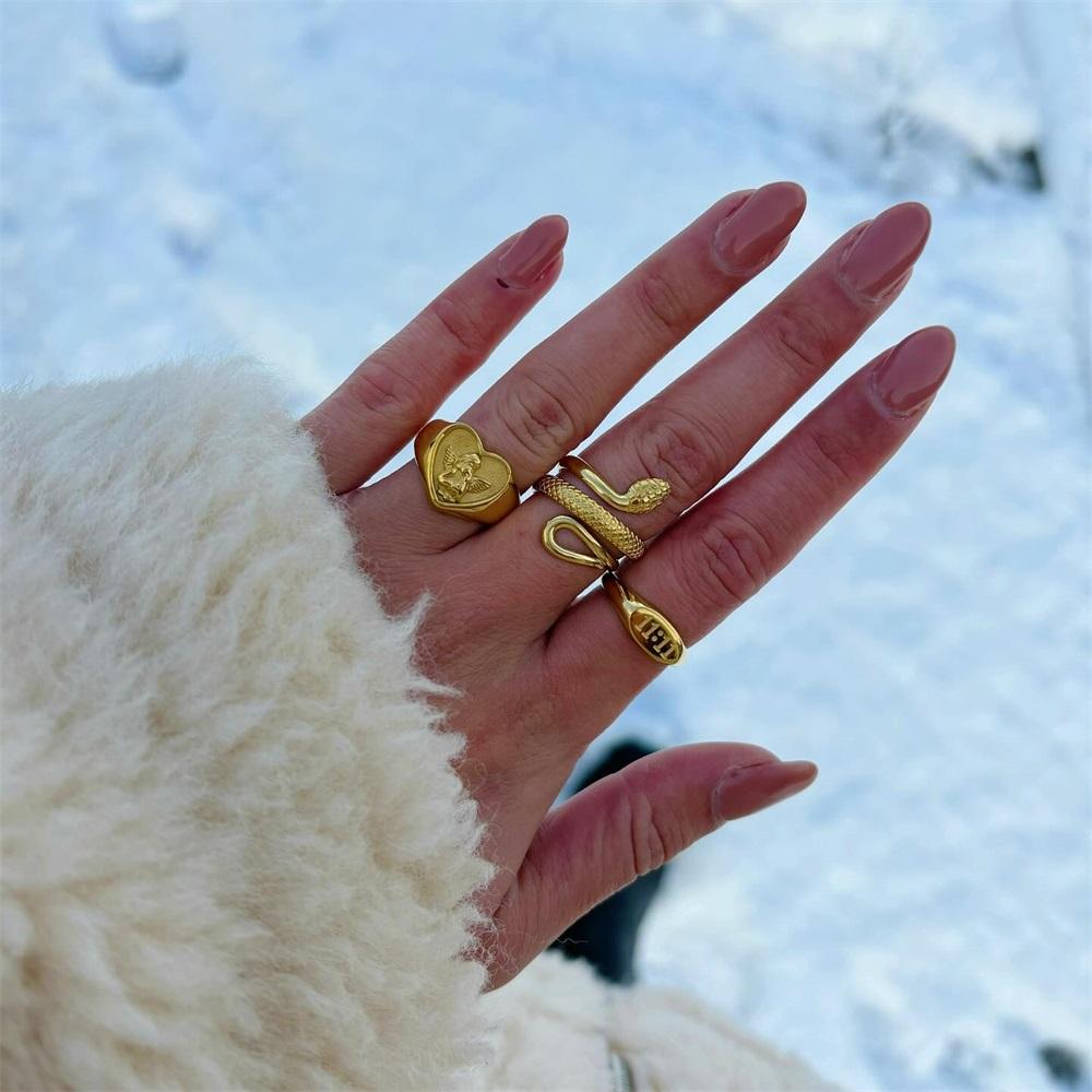 Yori Waterproof Stainless Steel Charm Snake Ring Statement Texture Adjustable Golden Personality Jewelry Accessories