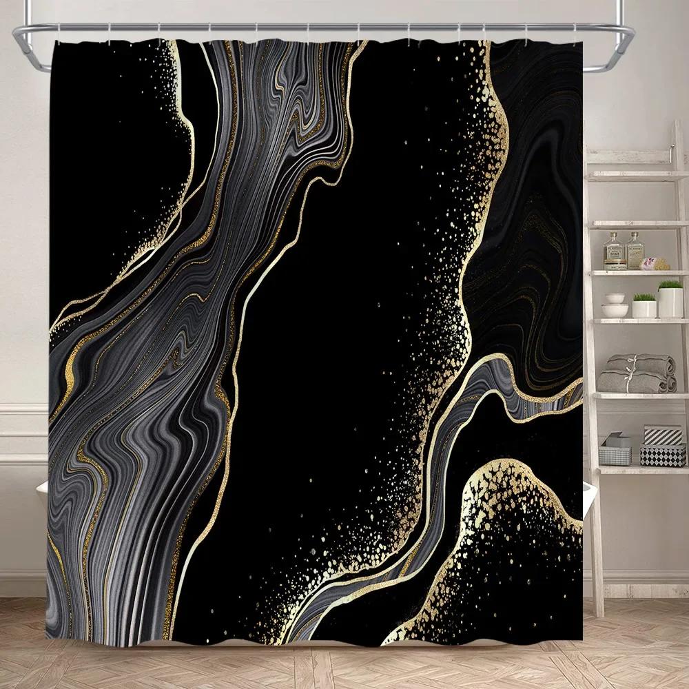 Abstract Marble Shower Curtain, White Gray Black Gold Blue Green Textured Stripe Simple Modern Ink Art, Bathroom Decorative