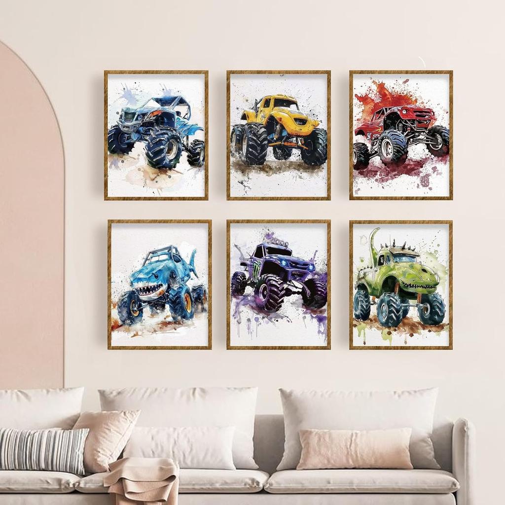FREEBLOSS 6 Set Unframed Monster Truck Wall Art Prints 8"x10" Ink Painting Canvas Art Posters Funny Abstract Canvas Print Wall Art Paintings for Home