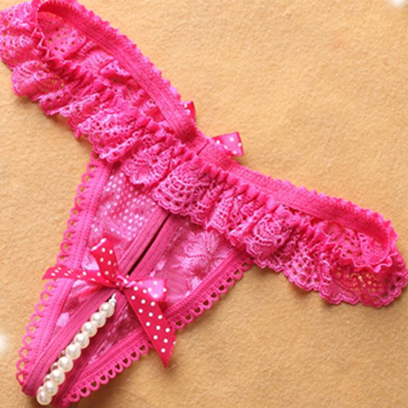 Erotische Höschen Sexy schrittoffene Damen-Mini-Tangas mit Perlenspitze, transparentem Netzstoff, Rüschen-Tangas, floral bestickter Schleifenknoten-G-String