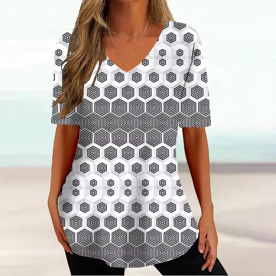 Vintage V-neck Women's T-shirt Summer Outdoor Casual Short Sleeve Tops Fashion Black Stripe Printing OverSize Clothing