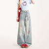 Women's Mid Rise Loose Fit Wide Leg Jeans Casual Straight Leg Denim Pants With Embroidery