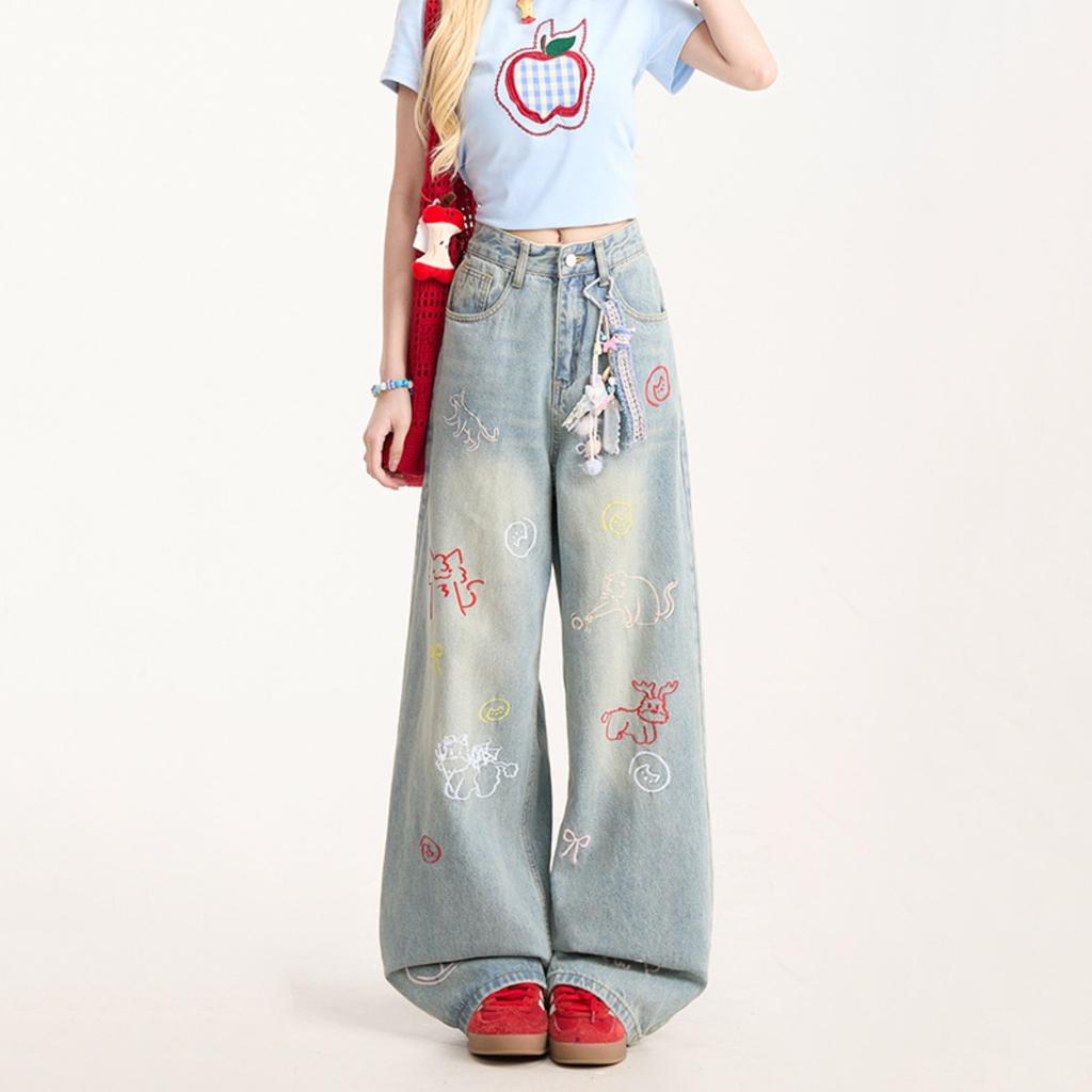 Women's Mid Rise Loose Fit Wide Leg Jeans Casual Straight Leg Denim Pants With Embroidery