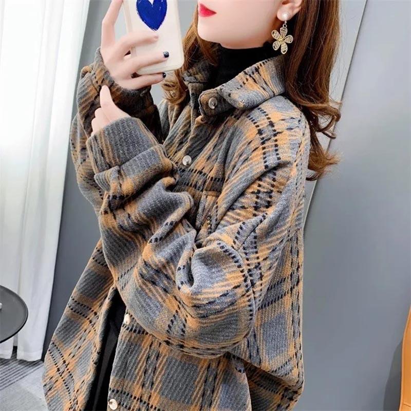 Shirt Jacket Women Plaid Large Size Loose Long-sleeved Versatile Buttons Jacket