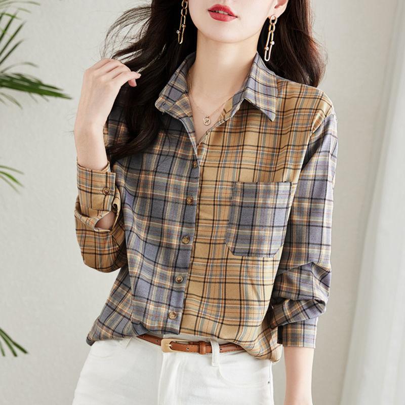 Fashion Printed Spliced Button Pockets Plaid Shirt Female Clothing  Spring and Autumn New Casual Tops Commuter Blouse