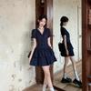 - Korean lace v-neck short-sleeved dress for women's summer new slim-fitting waist a-word puffy short skirt