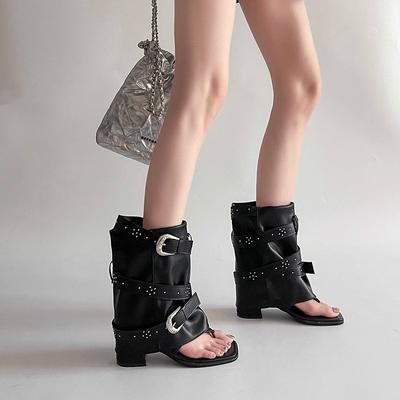 Punk Style Black Rivet Toe Herringbone Cool Boots Women's Shoes Summer New Retro Buckle Spice Girls Trouser Boots