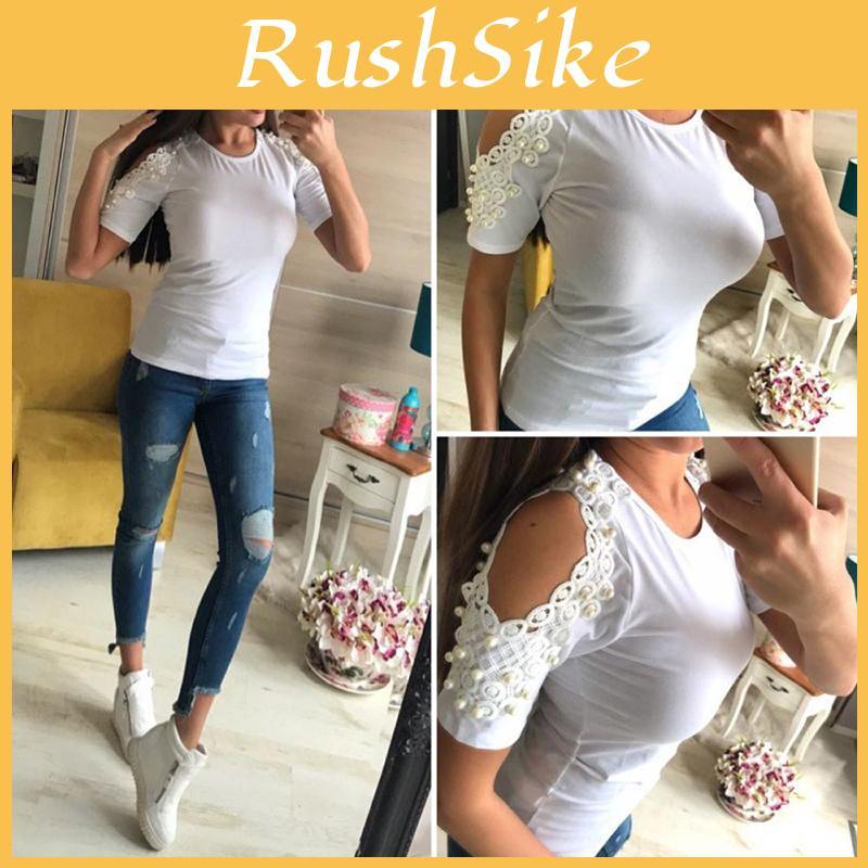 Alluring Women Short Sleeve Off Shoulder Lace Splice Blouse With Cold Shoulder Detail