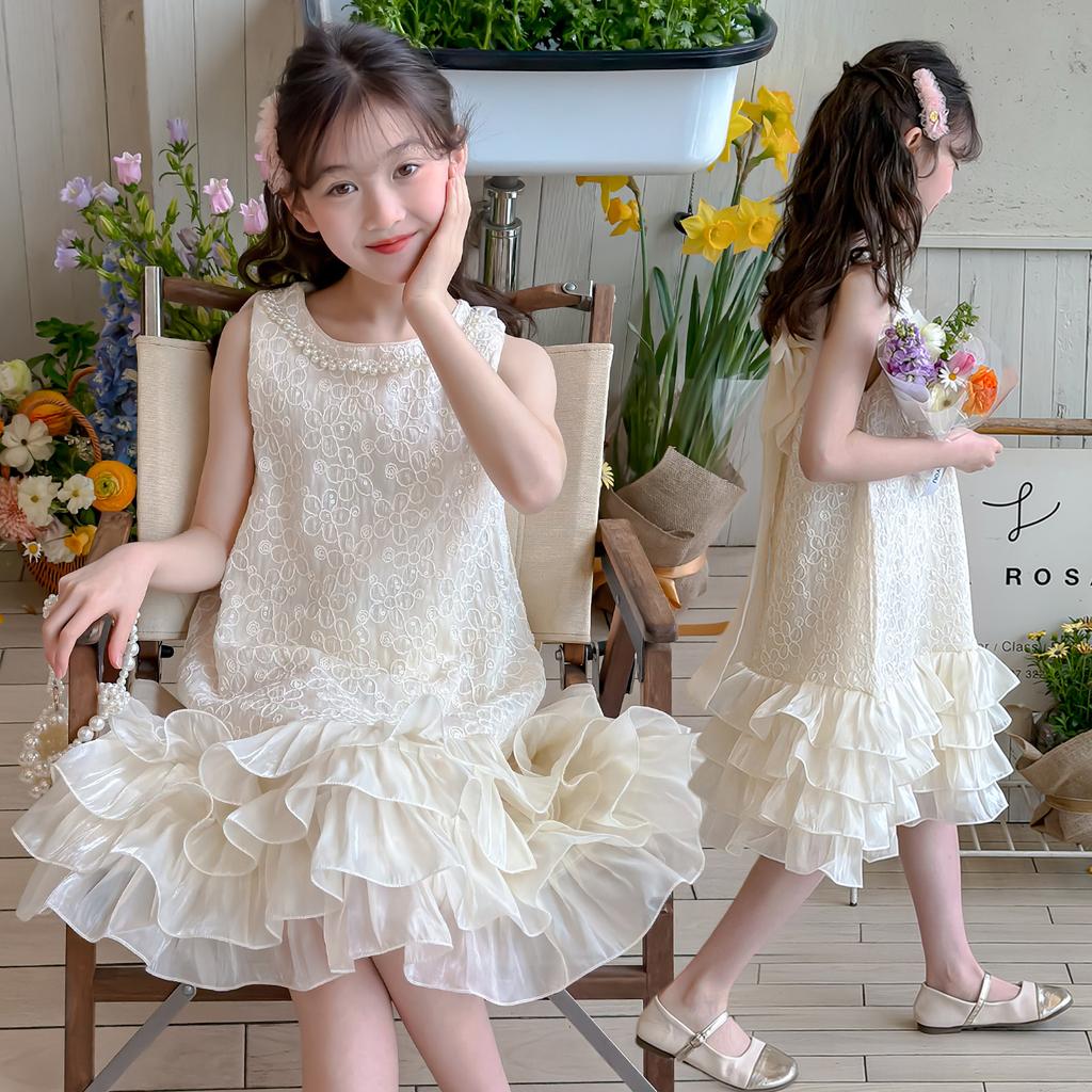 Princess style sleeveless dress 2026 new girls' summer cake skirt with ruffled edges and thin lace stitching