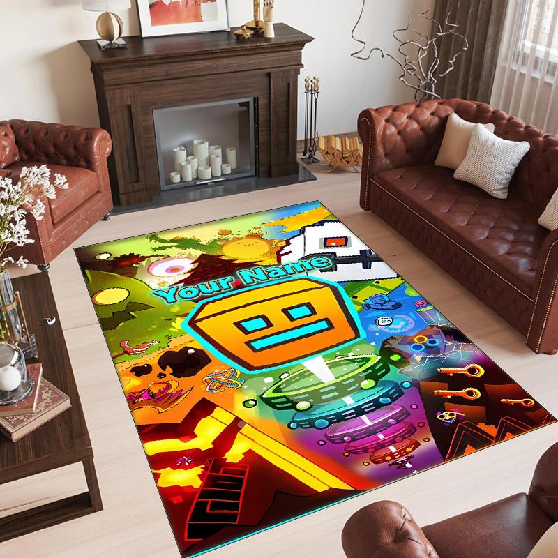 Personalized Crystal Velvet Carpet Custom Name Text,Geometry Dash Anti Slip Area Rug For Home Decoration