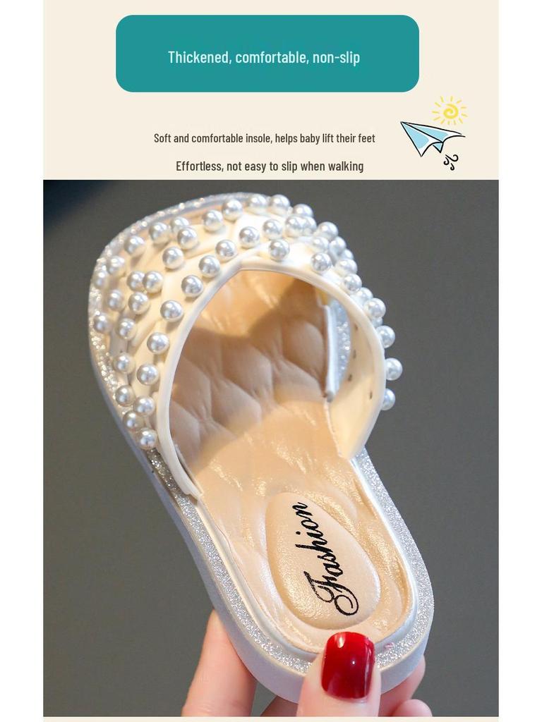 Girls' Princess Pearl Slippers: Non-Slip Indoor/Outdoor Summer Sandals for Toddlers