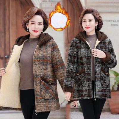 Women's Spring Autumn and Winter Thin Paragraph Padded Plus Size Medium Length Cardigan Plaid Jacket Casual Hooded Outerwear