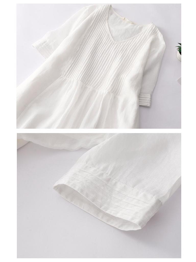 2024 Summer Women's Cotton-Linen V-Neck Pleated Retro Dress